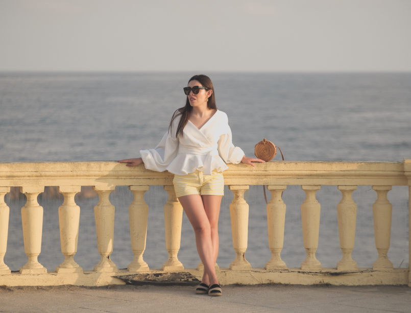 Le Fashionaire The perfect shirt to wear until Fall white shein shirt white yellow stripes zara shorts celine sunglasses black leather stripes zara espadrilles rattan round bag 1680 EN 805x613