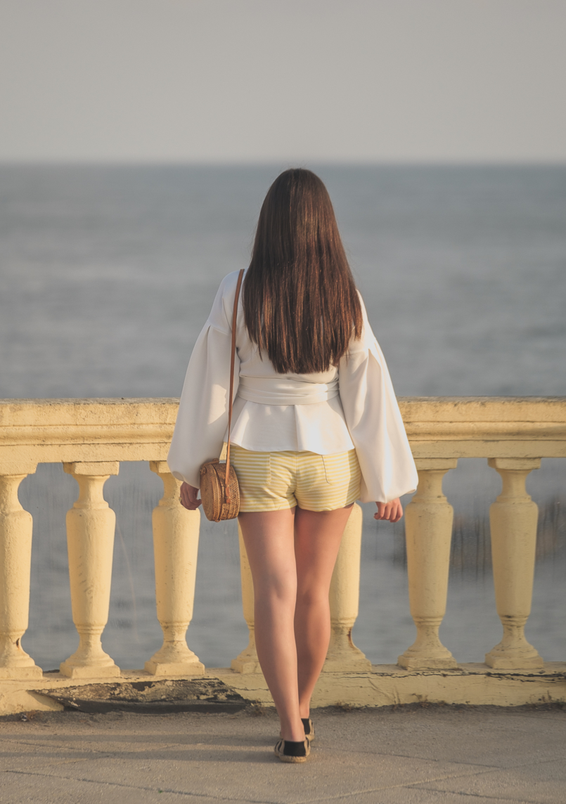 Le Fashionaire The perfect shirt to wear until Fall white shein shirt white yellow stripes zara shorts leather stripes zara espadrilles rattan round bag 1679 EN 805x1144